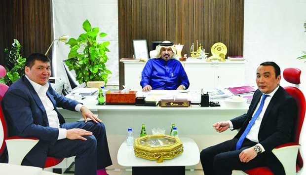 Qatar Chamber vice-chairman Mohamed bin Towar al-Kuwari speaks during a meeting with AIFC CEO Nurlan Kussainov and Kazakhstan ambassador Askar Shokybayev in Doha recently.