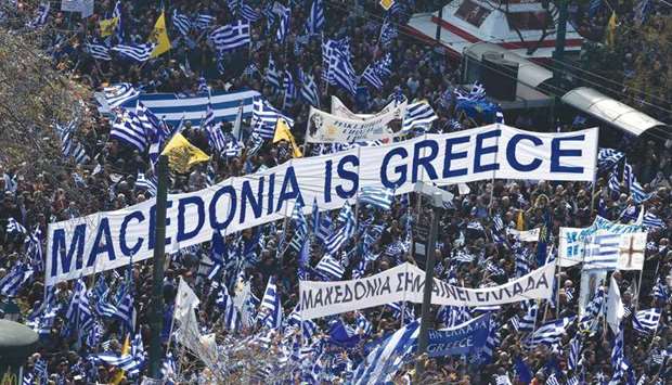 Greeks demonstrate to urge the government not to compromise in the festering name row with neighbouring Macedonia, in front of the parliament at the Syntagma Square in Athens.