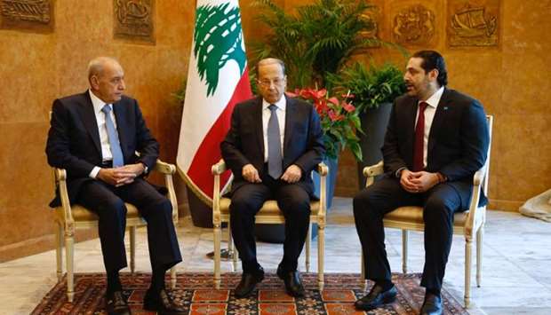 Lebanese President Michel Aoun meets with Prime Minister Saad al-Hariri, and Lebanese Parliament Speaker Nabih Berri at the presidential palace in Baabda, Lebanon