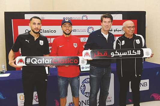 From left: Al Sadd midfielder Jugurtha Hamroun, Al Rayyan captain Rodrigo Tabata, coach Michael Laudrup and his Al Sadd counterpart Jesualdo Ferreira pose after a press conference ahead of the Qatar Clasico yesterday.