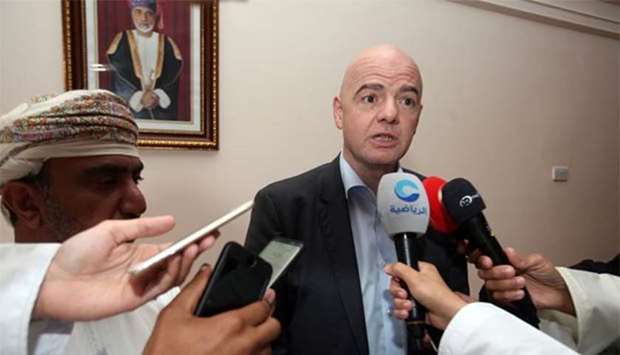 FIFA President Gianni Infantino speaks to reporters during the FIFA Executive Summit in Muscat on Wednesday.