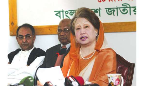 Bangladesh opposition leader Khaleda Zia speaks during a press conference in Dhaka yesterday.