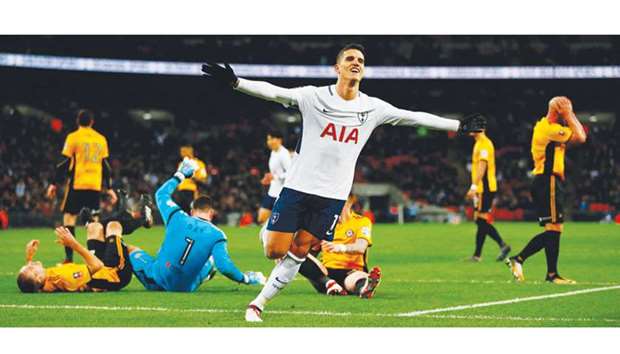 Tottenham Hotspuru2019s Erik Lamela celebrates after scoring against Newport County in the FA Cup. (AFP)