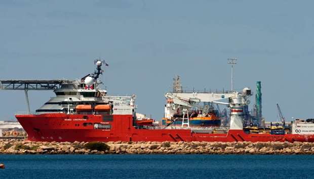 The Seabed Constructor ship, being used in the search for missing Malaysia Airlines MH370 which disappeared in 2014, sits berthed at the Australian Marine Complex