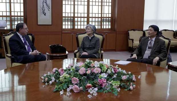 South Korean Foreign Minister Kang Kyung-wha, Timothy Betts, acting Deputy Assistant Secretary and Senior Advisor for Security Negotiations and Agreements in the US Department of State, and South Korean Foreign Ministry's representative Jang Won-sam sit during their meeting at Foreign Ministry in Seoul