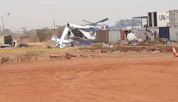 The crashed helicopter seen inside the compound of the UN Interim Security Force for Abyei. Photo courtesy: Kabiru News Network