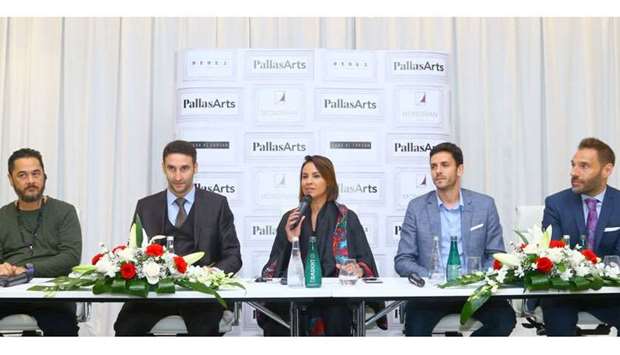 Pallas Arts co-founder Mariame Farqane delivering a brief history of the brokerage, while looking on are (from left) urban artist Cyril Kongo, co-founder Lewnis Boudaoui, co-founder Alvaro Mejia, and Mondrian Hotel general manager Axel Gasser. PICTURE: Jayan Orma.