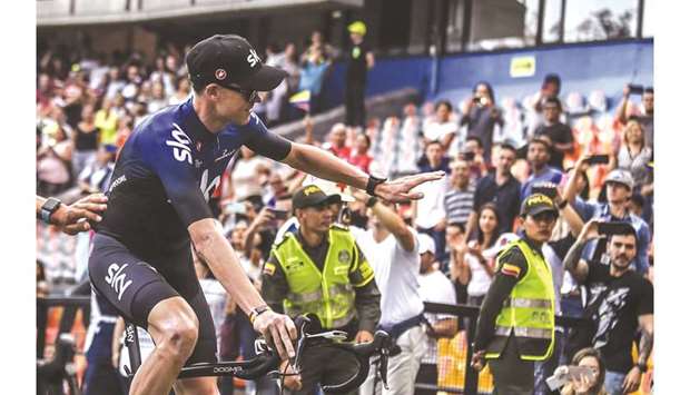British cyclist Chris Froome from team Sky greets the crowd during the presentation of the Tour Colombia 2.1, at the Atanasio Girardot stadium in Medellin on Sunday.