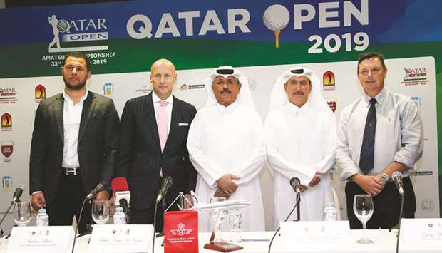 Qatar Golf Association (QGA) general secretary Fahad al-Naimi (centre) and QGA event manager Mohamed Faisal al-Naimi (second right) pose with other officials at a press conference at the Doha Golf Club yesterday.