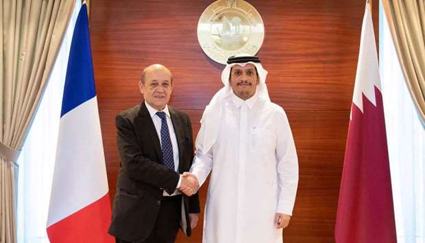 HE the Deputy Prime Minister and Minister of Foreign Affairs Sheikh Mohamed bin Abdulrahman al-Thani with French Minister of Europe and Foreign Affairs of Jean-Yves Le Drian in Doha