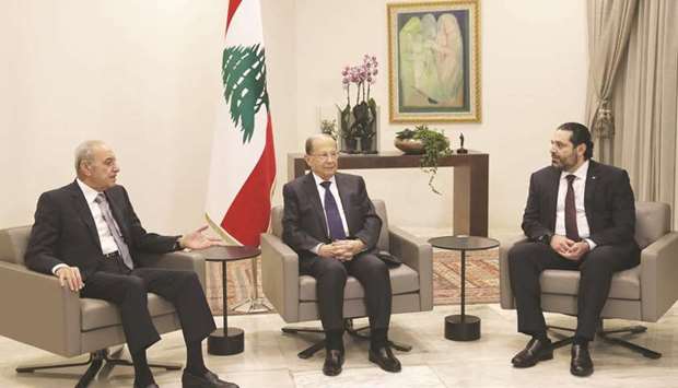 Lebanese President Michel Aoun (centre), Prime Minister Saad Hariri (right) and House Speaker Nabih Berri met yesterday at the presidential palace in Baabda, east of the capital Beirut.