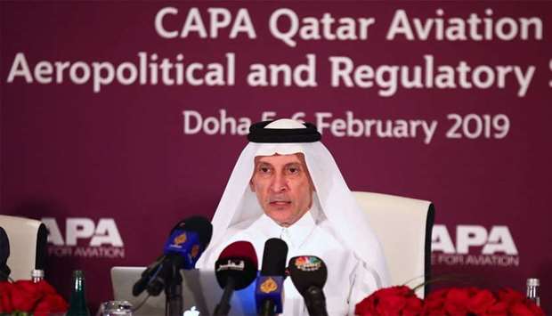 HE al-Baker addressing a media event at the recently concluded CAPA Qatar Aviation, Aeropolitical and Regulatory Summit in Doha. PICTURE: Ram Chand