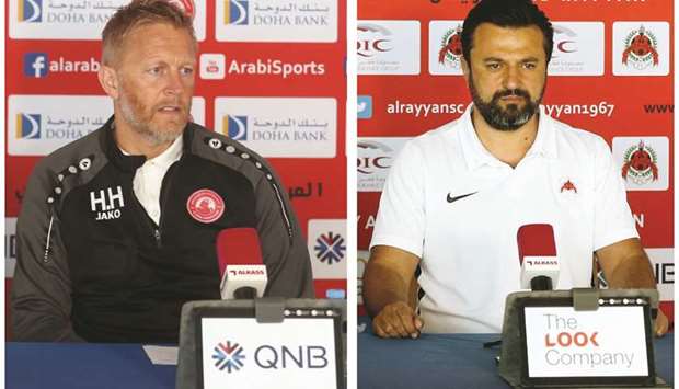 Al Arabi coach Heimir Hallgrimsson (left) and his Al Rayyan counterpart Bulent Uygun address a press conference ahead of their QNB Stars League.