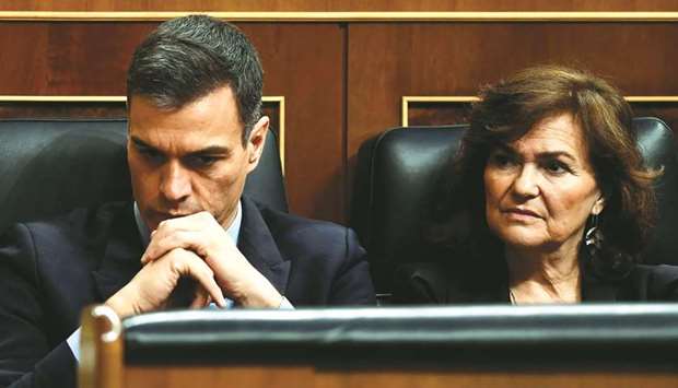 Spanish Prime Minister Pedro Sanchez and Deputy Prime Minister Carmen Calvo attend a debate on the governmentu2019s 2019 budget during a parliament session in Madrid yesterday morning.