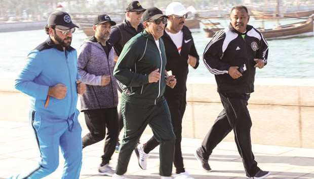 Ooredoo chairman HE Sheikh Abdulla bin Mohamed bin Saud al-Thani and other dignitaries taking part in the Qatar National Sport Day activities on Tuesday.