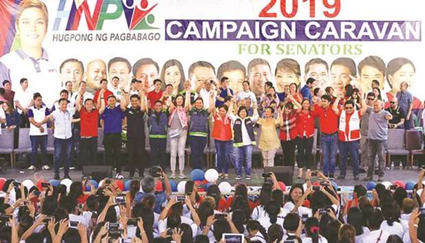 The senatorial bets under Davao City Mayor Sara Duterteu2019s Hugpong ng Pagbabago (HNP) during the campaign launch in San Fernando, Pampanga.