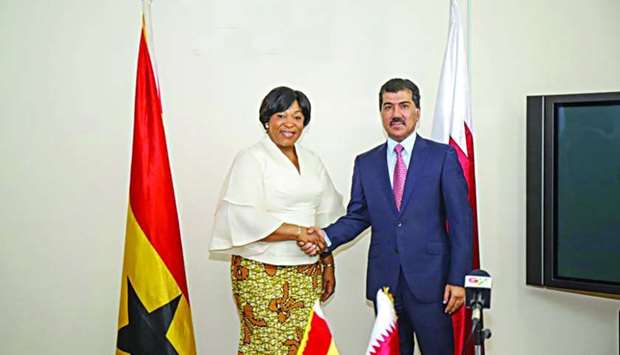 Ministry of Foreign Affairs Secretary General HE Dr Ahmed bin Hassan al-Hammadi shakes hand with Shirley Ayorkor Botchway of Ghana's Ministry of Foreign Affairs and Regional Integration