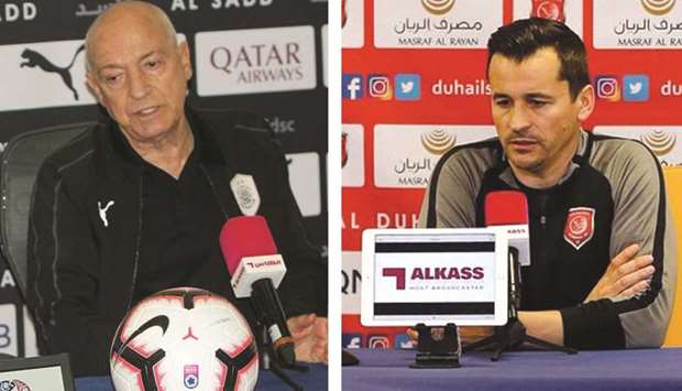 Al Sadd coach Jesualdo Ferreira (left) and his Al Duhail counterpart Rui Faria speak at a press conference.