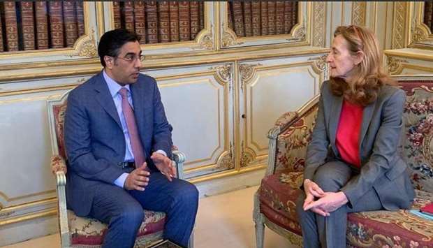 HE the Chairman of the National Human Rights Committee (NHRC) Dr Ali bin Smaikh al-Marri meets with French Minister of Justice of France Nicole Belloubet.