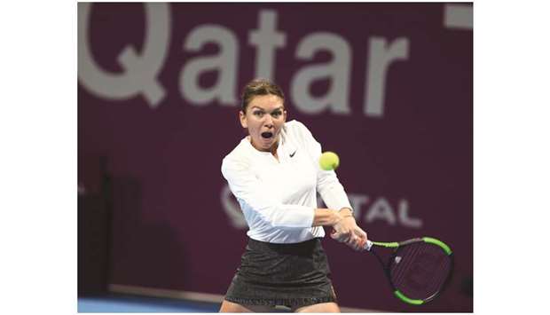 Romaniau2019s Simona Halep in action against Elina Svitolina of Ukraine during their Qatar Total Open womenu2019s singles semi-final at the Khalifa International Tennis & Squash Complex yesterday. PICTURES: Jayan Orma
