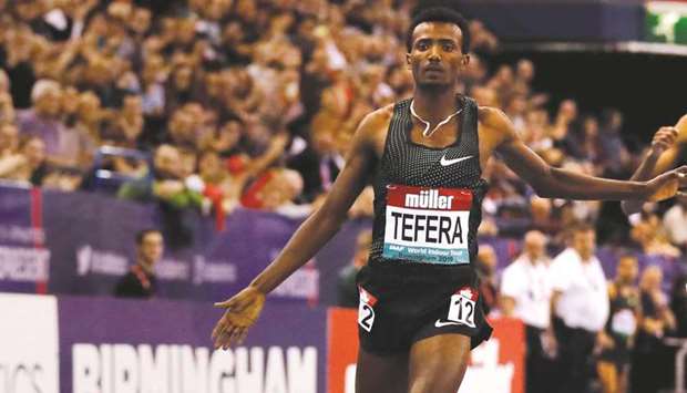 Ethiopiau2019s Samuel Tefera wins the menu2019s 1,500m in a new world indoor record time at Birmingham Indoor Grand Prix yesterday. (Reuters)