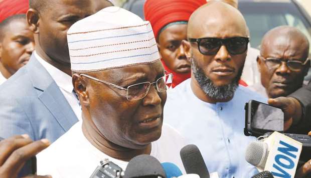 Nigeriau2019s main opposition party presidential candidate Atiku Abubakar speaks to reporters in Yola, Adamawa State.