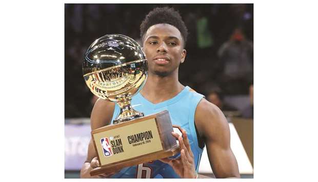 Hamidou Diallo of the Oklahoma City Thunder celebrates with the trophy after winning the AT&T Slam Dunk as part of the 2019 NBA All-Star Weekend at Spectrum Center in Charlotte, North Carolina. (Getty Images/AFP)