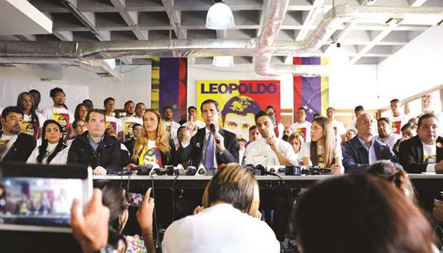 Venezuelan opposition leader Juan Guaido speaks during a news conference to mark the fifth anniversary of the arrest of the opposition leader Leopoldo Lopez in Caracas, Venezuela.