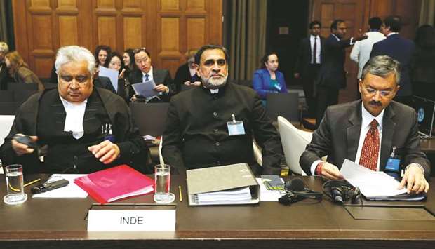 Indian lawyer Harish Salve (left) and V D Sharma are seen at the International Court of Justice during the final hearing of the Kulbushan Jadhav case in The Hague, the Netherlands, yesterday.