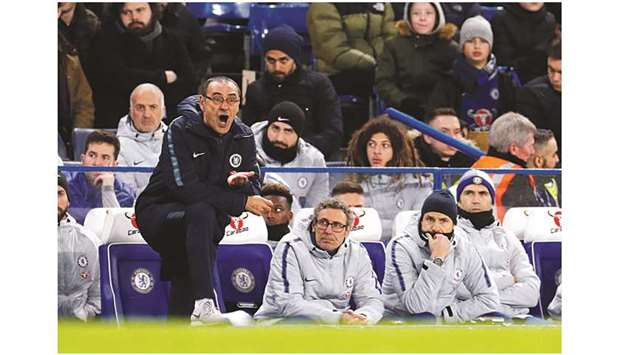 Chelsea manager Maurizio Sarri shouts instructions to his players during the FA Cup match against Manchester United. (Reuters)