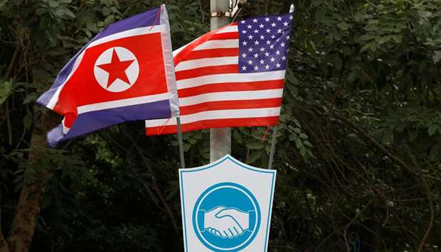North Korean and US flags are seen in the street ahead of the summit in Hanoi, Vietnam.
