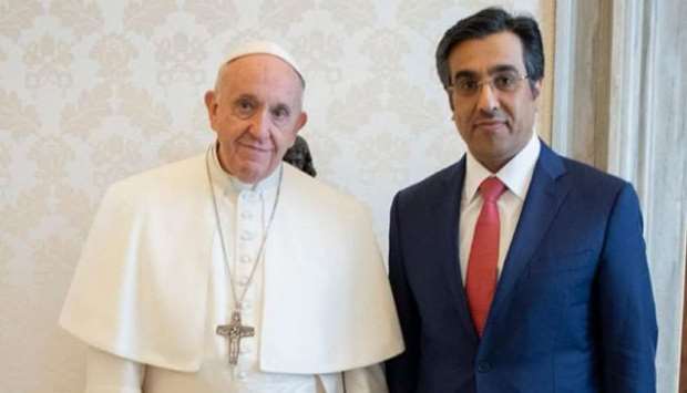 HE the Chairman of the National Human Rights Committee, Dr Ali bin Smaikh al-Marri, with Pope Francis at the Vatican yesterday.