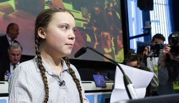 Swedish 16-years-old climate activist Greta Thunberg delivers a speech during a meeting at the Civil Society For rEUnaissance at the EU Charlemagne Building in Brussels