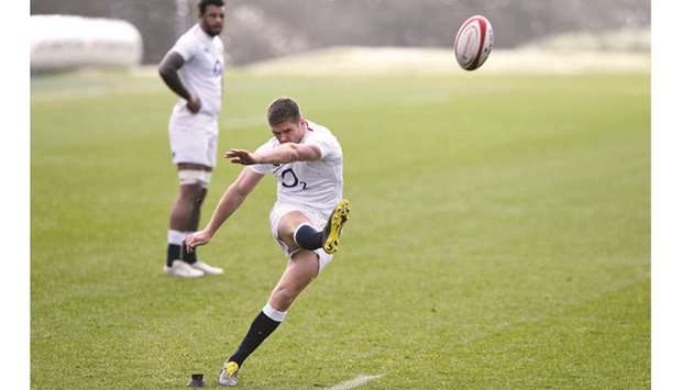 Englandu2019s Owen Farrell in action during training ahead of the Six Nations clash against Wales in Bagshot, England, yesterday. (Reuters)