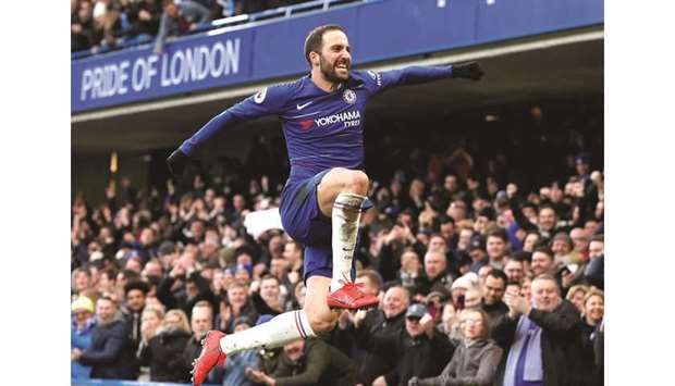 Chelseau2019s Gonzalo Higuain celebrates scoring their first goal against Huddersfield in the Premier League yesterday.
