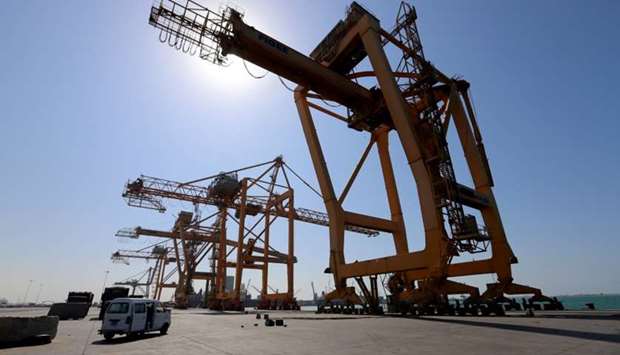 A view of cranes at the container terminal at the Red Sea port of Hodeidah
