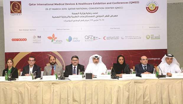 Major sponsors for the u2018Qatar International Medical Devices & Healthcare Exhibition and Conferenceu2019 (QMED) attend a press conference yesterday. PICTURE: Thajudheen