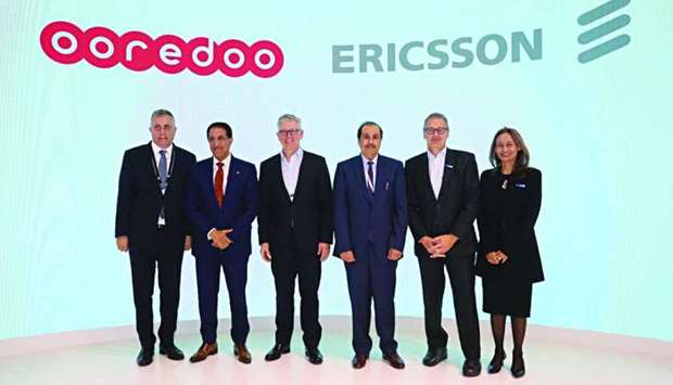 Ooredoo Group chairman HE Sheikh Abdulla bin Mohamed bin Saud al-Thani and Sheikh Saud with Ericsson chairman and Ericsson group CEO in Barcelona.