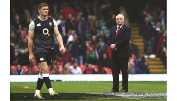 Walesu2019 head coach Warren Gatland (right) looks on before the Six Nations match between Wales and England at the Principality Stadium in Cardiff, south Wales, on Saturday. (AFP)