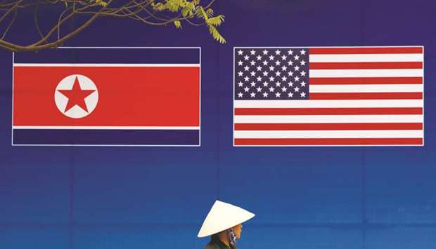 A banner showing North Korean and US flags ahead of the North Korea-US summit in Hanoi.