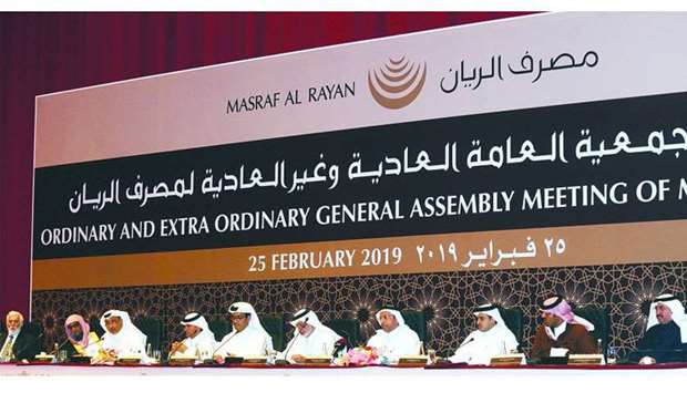 Masraf Al Rayan chairman and MD Dr Hussain Ali al-Abdulla and other directors at the company's ordinary and extraordinary general assembly meeting at the Sheraton Doha on Tuesday. PICTURE: Shemeer Rasheed