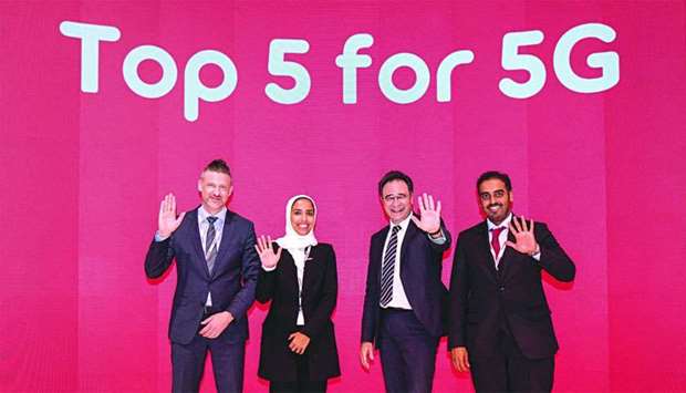 Fatima Sultan al-Kuwari, Ooredoo Group executive director (Marketing) and Dr Karim Taga among other top executives following the launch of a new report that shows Ooredoou2019s 5G pilot projects have driven Qatar to be ranked globally among the worldu2019s top five 5G-leading countries. The new report was launched by Ooredoo and Arthur D. Little at the Mobile World Congress in Barcelona