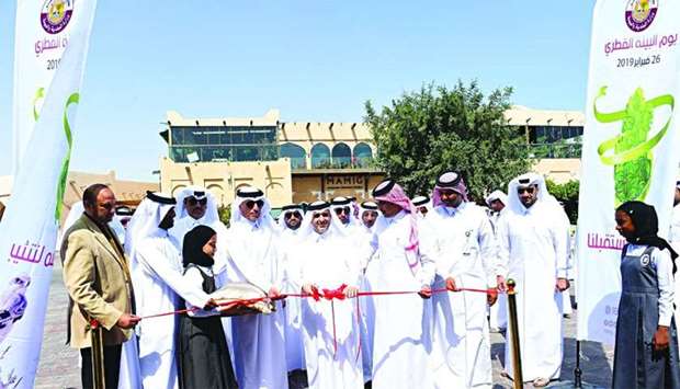 HE the Minister of Municipality and Environment Abdullah bin Abdulaziz bin Turki al-Subaie and other dignitaries at an event to celebrate Qatar Environment Day at at the Cultural Village Foundation (Katara).