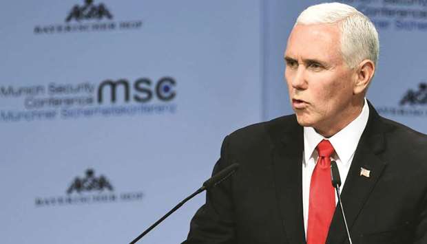 US Vice-President Mike Pence speaking during the Munich Security Conference on February 16.