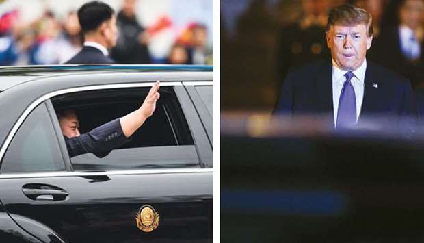 North Korean leader Kim Jong-un waves from his car as he leaves the Dong Dang railway station in Dong Dang, Lang Son province, upon his arrival in Vietnam to attend the second US-North Korea summit. Right: US President Donald Trump walks to his car at Noi Bai International Airport in Hanoi upon his arrival in Vietnam for a second summit with North Korean leader Kim Jong-un yesterday.