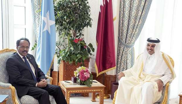His Highness the Amir Sheikh Tamim bin Hamad al-Thani meeting with Somali President Mohamed Abdullahi Farmajo at the Amiri Diwan on Wednesday