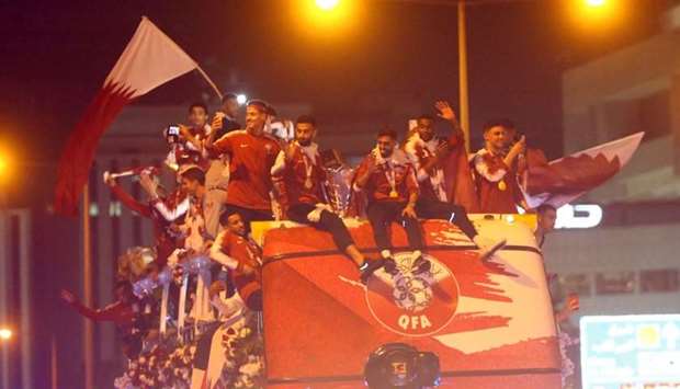 The Qatar national football team during their parade on an open-top bus last evening. PICTURE: Jayan Orma