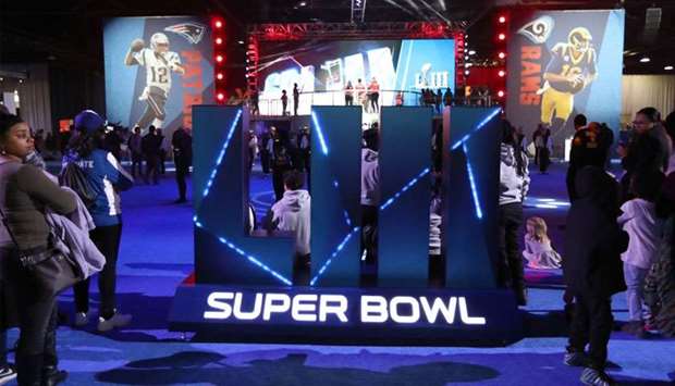 A general view of the Super Bowl LII logo during the NFL Experience at Georgia World Congress Center