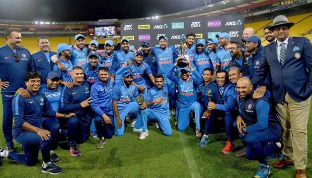 India celebrate winning the ODI series following the fifth one-day international (ODI) cricket match between New Zealand and India in Wellington