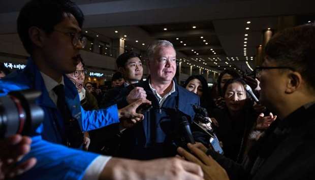 US envoy for North Korea Stephen Biegun (C) arrives at Incheon international airport